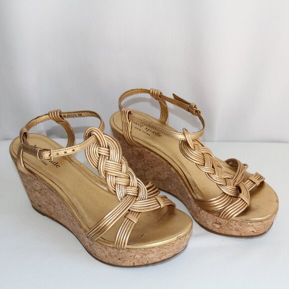 Kate Spade Gold Leather Wedge Sandals Size 6. Gold Metallic Leather Braided - Picture 1 of 7